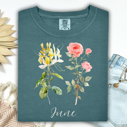 Blue Spruce June Birth Month Flower T-Shirt with watercolor honeysuckle and rose design.