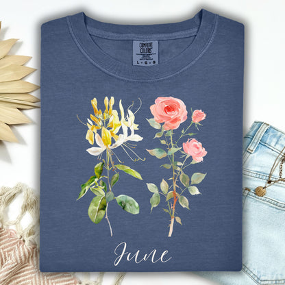 Denim blue June birth month flower t-shirt with watercolor honeysuckle and rose design.