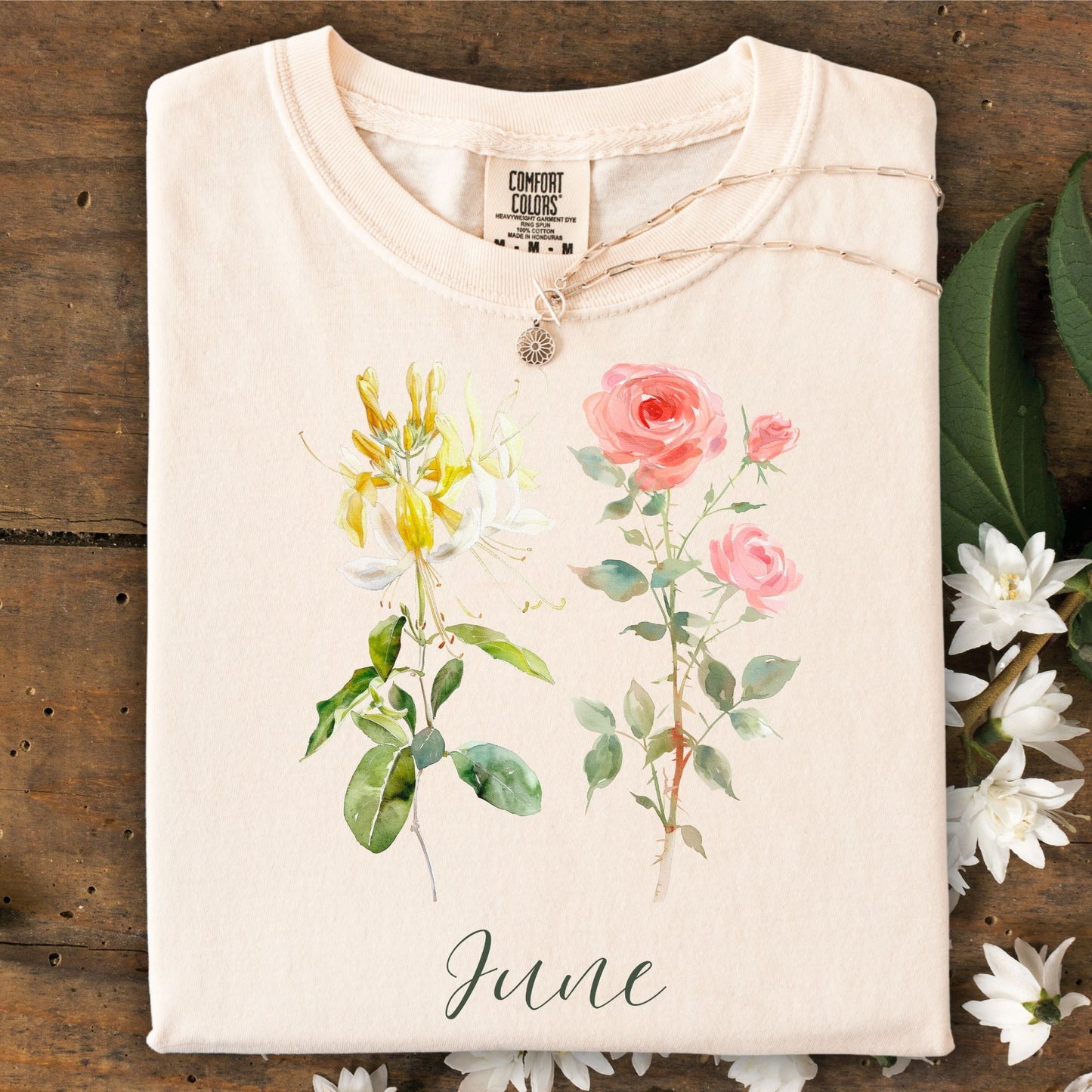 Ivory S cotton t-shirt with watercolor honeysuckle, rose, and "June" design.