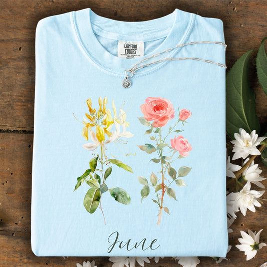 June Birth Month Flower T‑Shirt — Honeysuckle & Rose