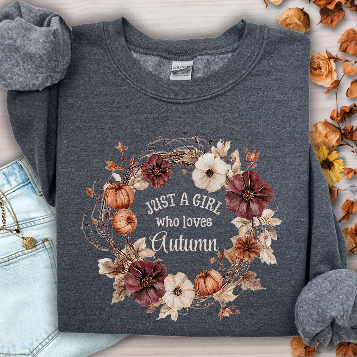 Just a Girl Who Loves Autumn Floral Wreath Sweatshirt