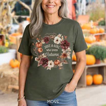 Just a Girl Who Loves Autumn Floral Wreath T-Shirt