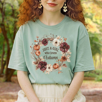 Just a Girl Who Loves Autumn Floral Wreath T-Shirt