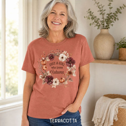 Just a Girl Who Loves Autumn Floral Wreath T-Shirt