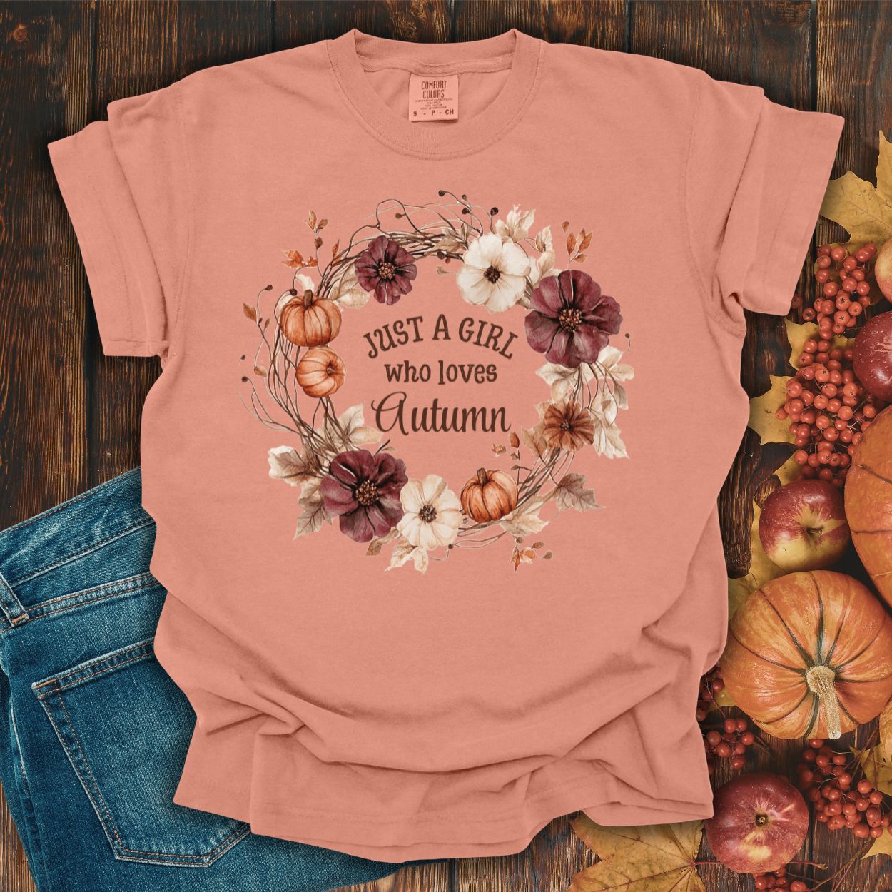 Just a Girl Who Loves Autumn Floral Wreath T-Shirt