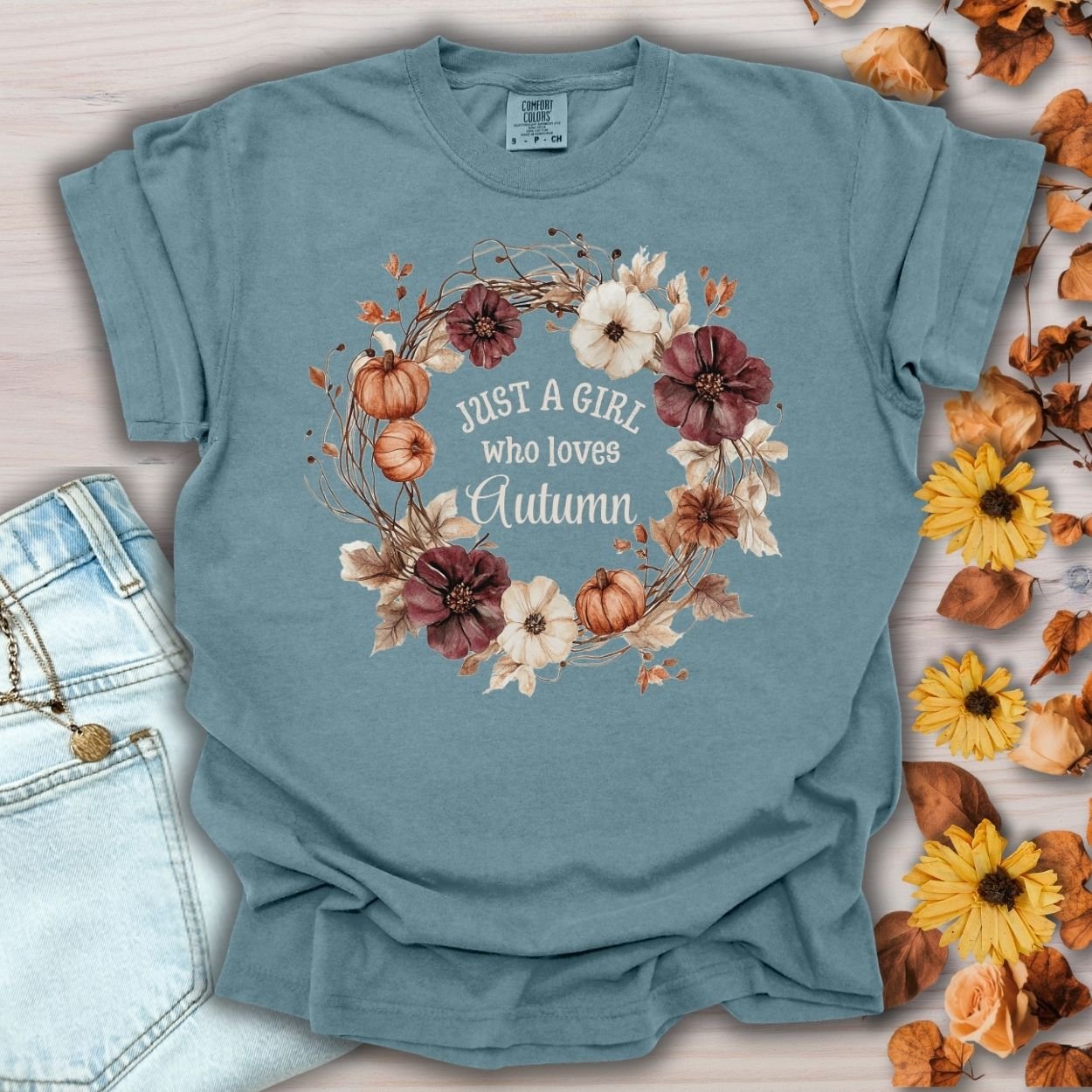 Just a Girl Who Loves Autumn Floral Wreath T-Shirt