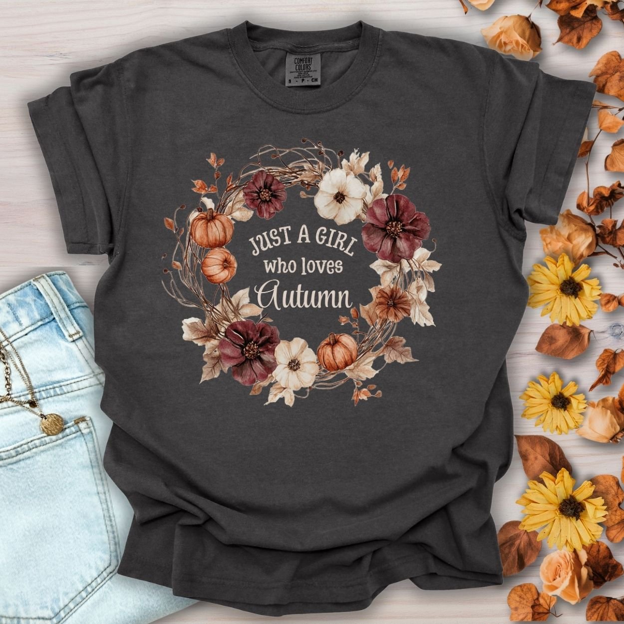 Just a Girl Who Loves Autumn Floral Wreath T-Shirt