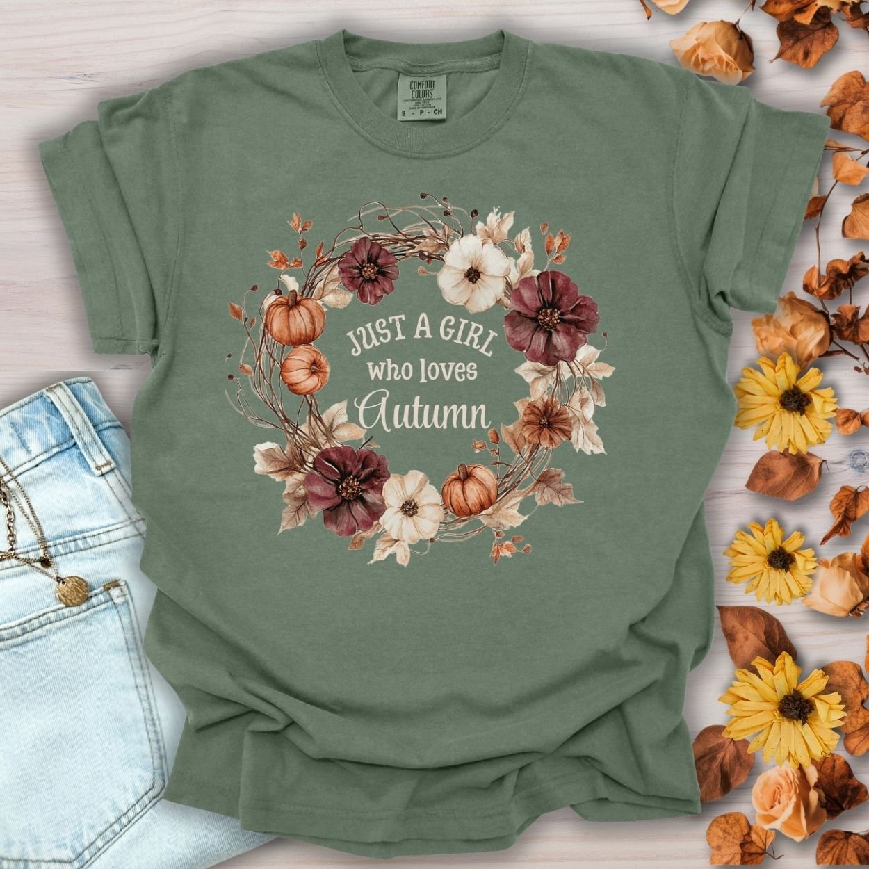 Just a Girl Who Loves Autumn Floral Wreath T-Shirt