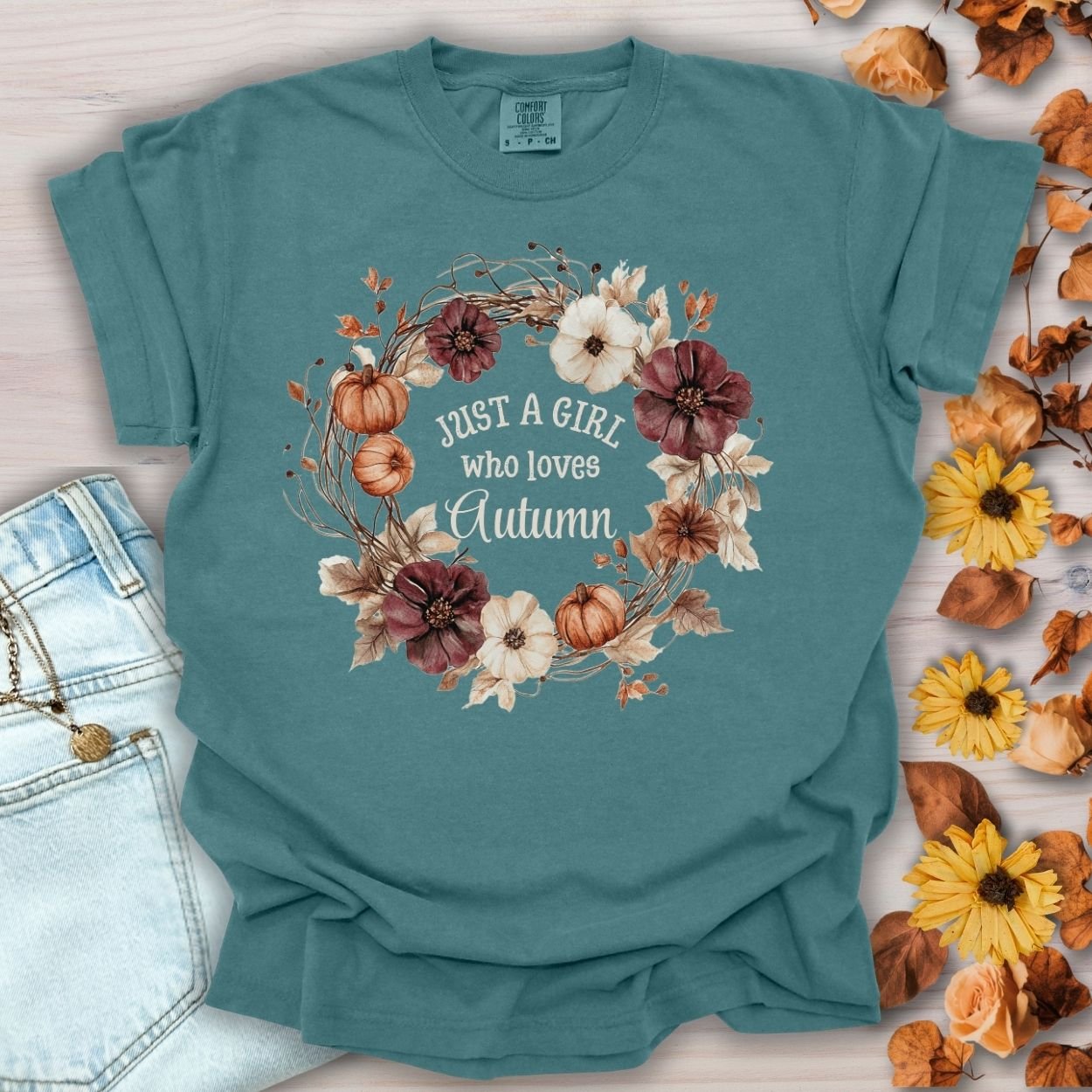 Just a Girl Who Loves Autumn Floral Wreath T-Shirt