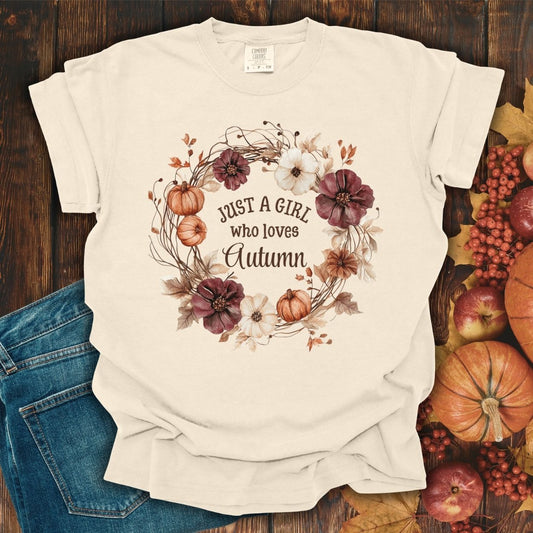 Just a Girl Who Loves Autumn Floral Wreath T-Shirt