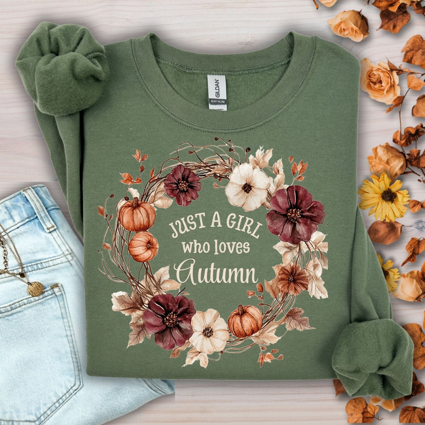 Military Green "Just a Girl Who Loves Autumn" sweatshirt with watercolor fall flowers and pumpkins.
