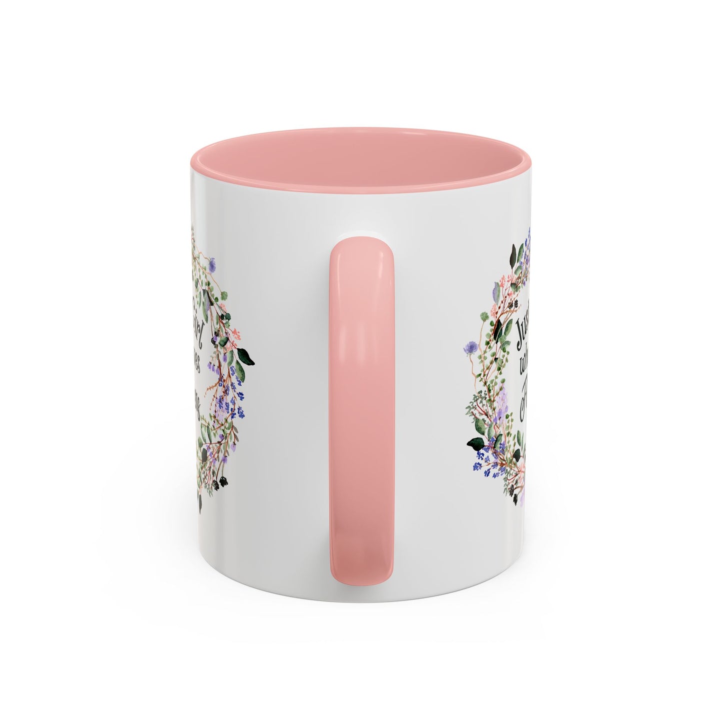 White ceramic mug with pink interior and handle, featuring a watercolor floral wreath design.