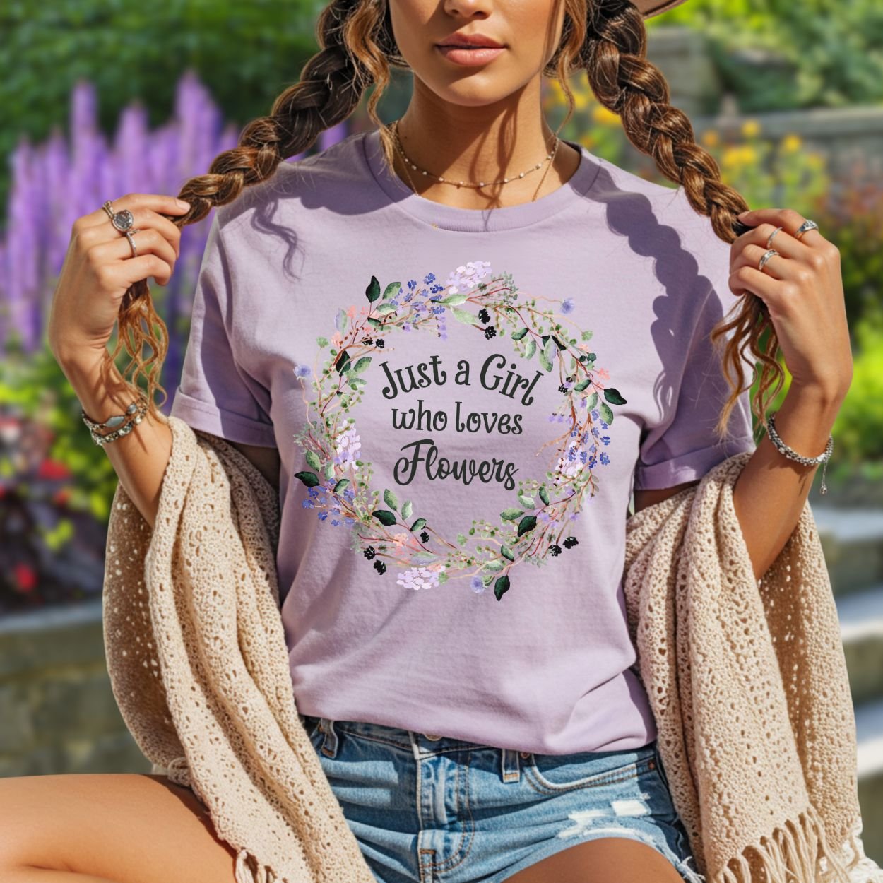 Lavender cotton t-shirt with "Just a Girl who Loves Flowers" in a watercolor floral wreath design.