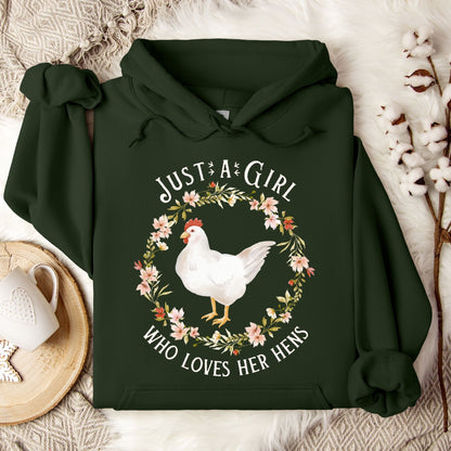 Forest Green hoodie with "Just a Girl Who Loves Her Hens" text and watercolor chicken in floral wreath design.