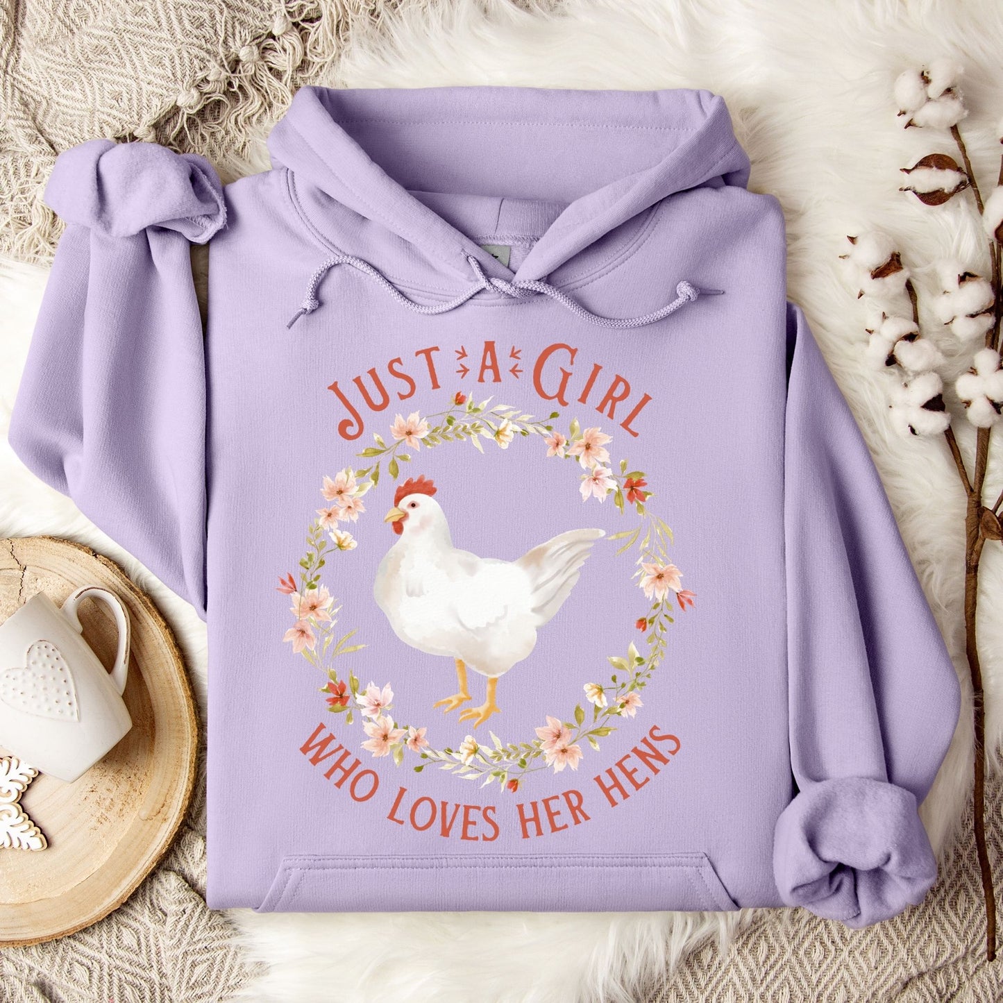 Orchid purple Gildan 18500 hoodie with "Just a Girl Who Loves Her Hens" text and watercolor chicken art.
