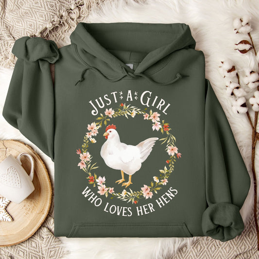 Military Green hoodie with "Just a Girl Who Loves Her Hens" text, watercolor chicken, and floral wreath design.