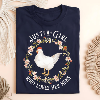 Navy S t-shirt with "Just a Girl Who Loves Her Hens" text and a white hen in a floral wreath.
