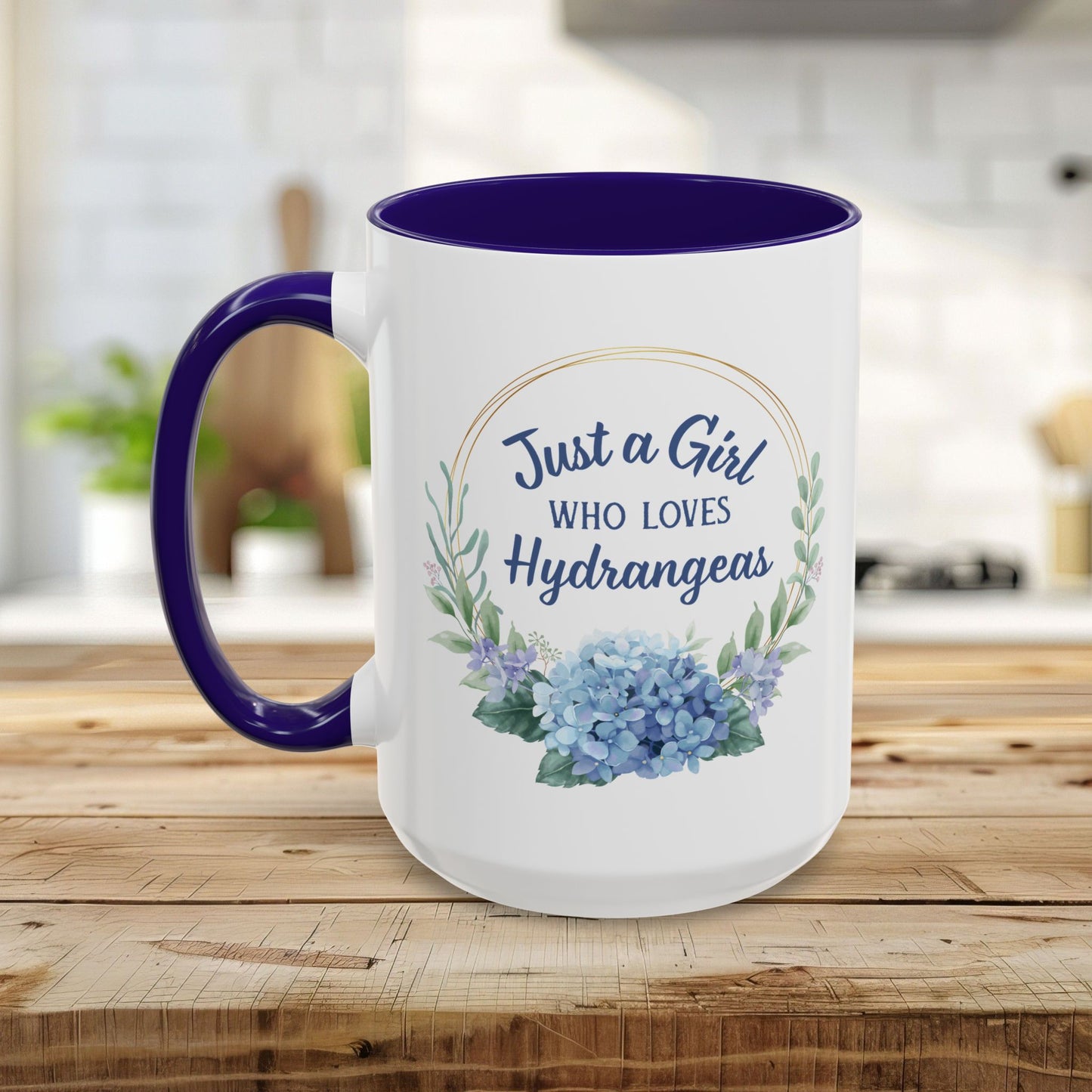 White ceramic mug with purple handle and interior, featuring "Just a Girl Who Loves Hydrangeas" in a watercolor wreath.