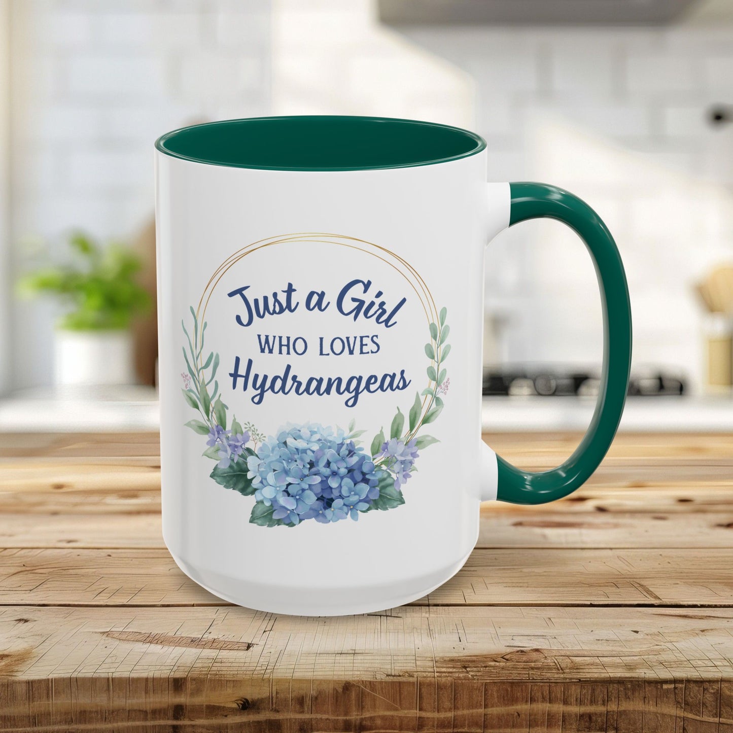 15oz ceramic mug with "Just a Girl Who Loves Hydrangeas" in a watercolor wreath, green interior and handle.