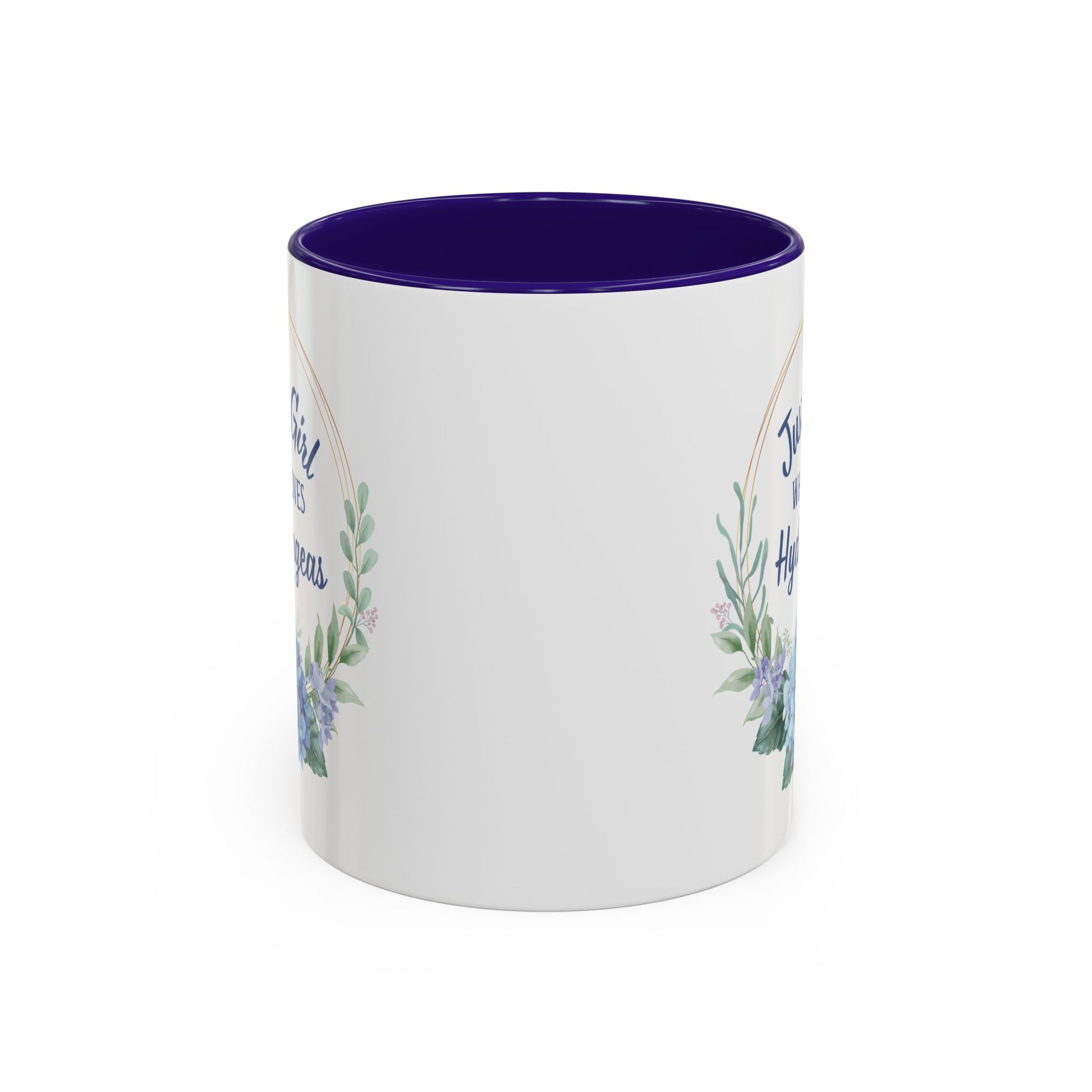 White ceramic mug with a purple interior and handle, featuring a watercolor hydrangea wreath and "Just a Girl Who Loves Hydrangeas" text.