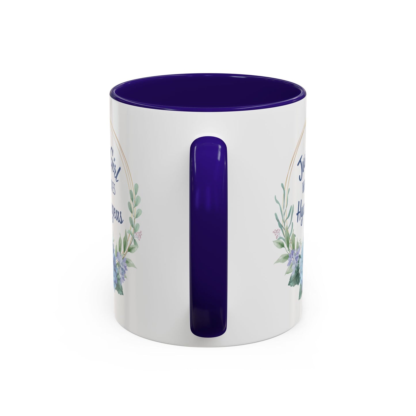 White ceramic mug with a purple interior and handle, featuring a watercolor hydrangea wreath and "Just a Girl Who Loves Hydrangeas" text.