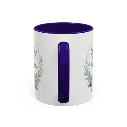 White ceramic mug with a purple interior and handle, featuring a watercolor hydrangea wreath and "Just a Girl Who Loves Hydrangeas" text.