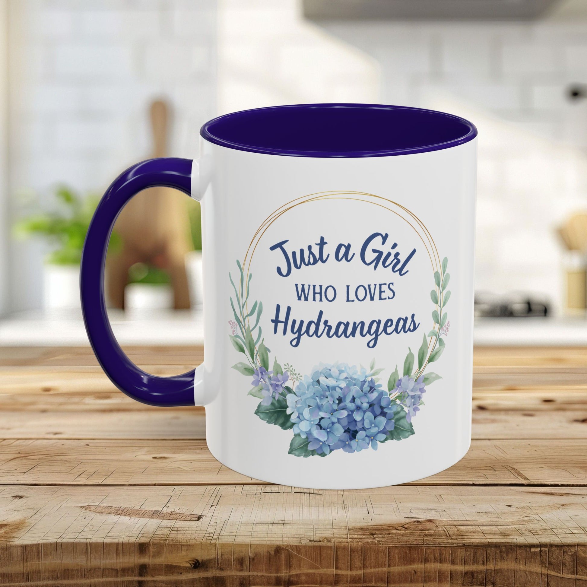 White ceramic mug with a purple interior and handle, featuring a watercolor hydrangea wreath and "Just a Girl Who Loves Hydrangeas" text.