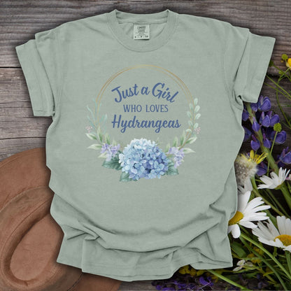 Bay-colored, relaxed-fit cotton t-shirt with "Just a Girl Who Loves Hydrangeas" script and watercolor hydrangeas.