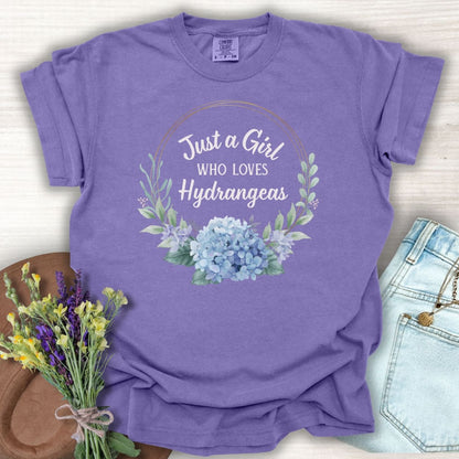 Grape garment-dyed cotton t-shirt with "Just a Girl Who Loves Hydrangeas" in a floral wreath design.