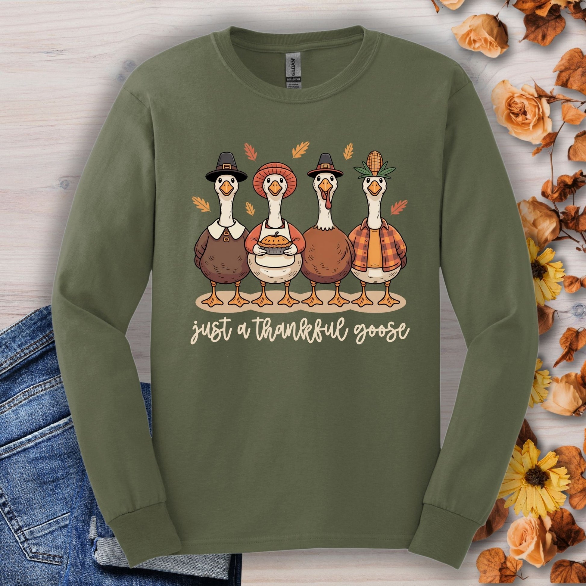 Military Green long sleeve tee with four pilgrim ducks and "just a thankful goose" text.