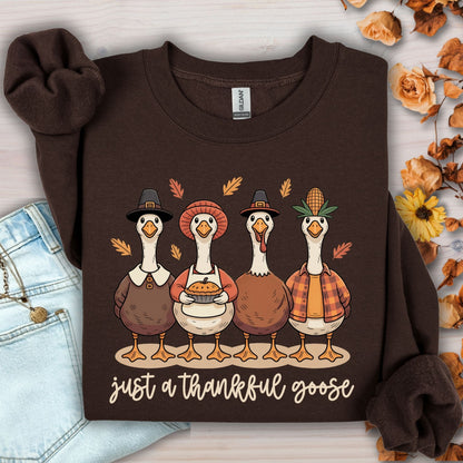 Dark Chocolate sweatshirt with four pilgrim ducks, apple pie, and "just a thankful goose" text.