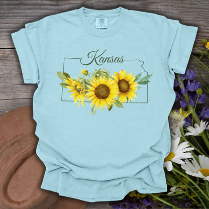 Chambray blue Kansas State Flower T-shirt with golden sunflowers and state outline.