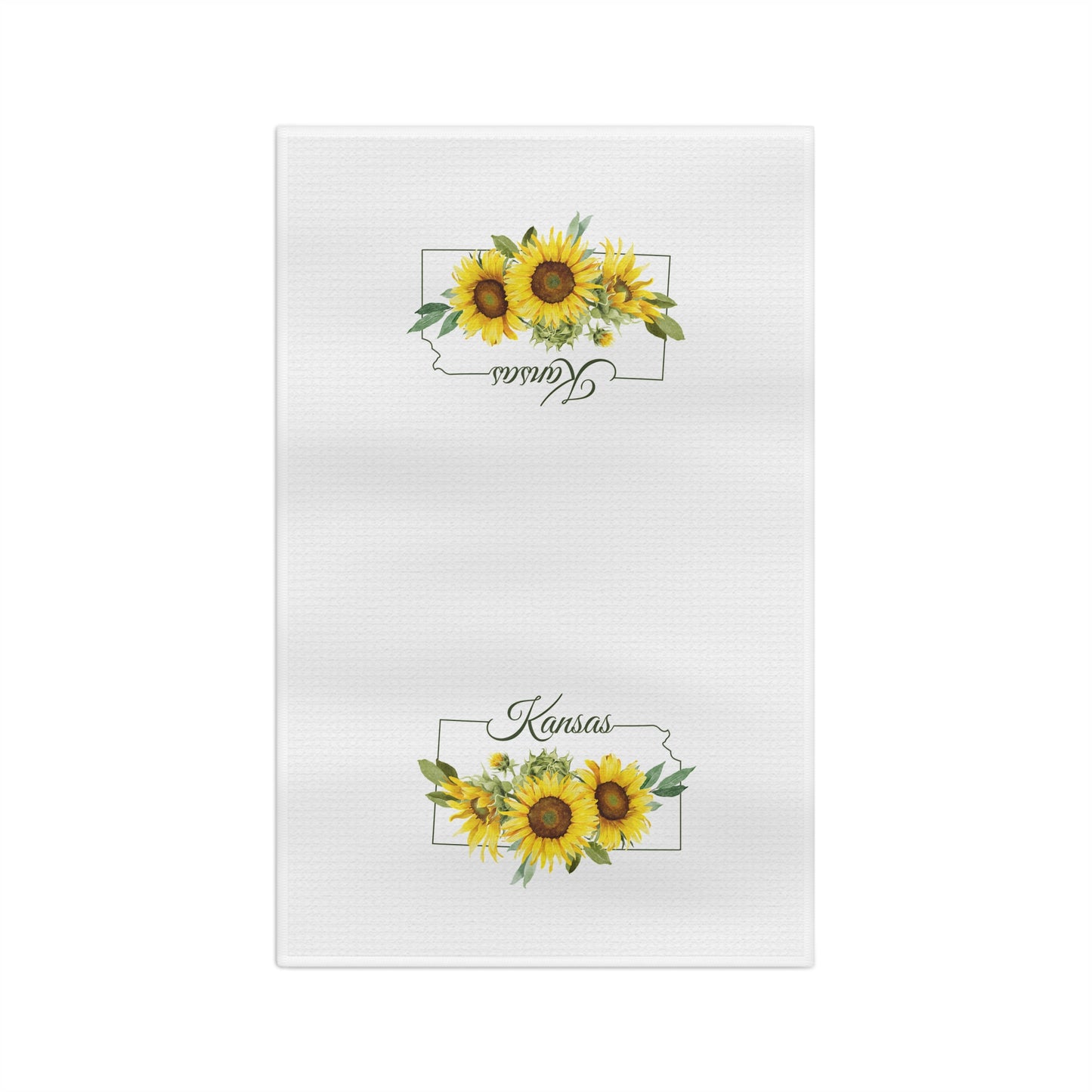 White microfiber tea towel with vibrant Kansas sunflower design.