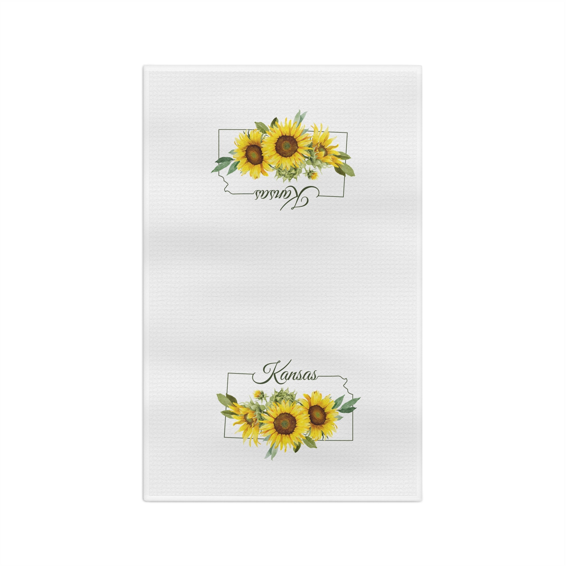 White microfiber tea towel with vibrant Kansas sunflower design.