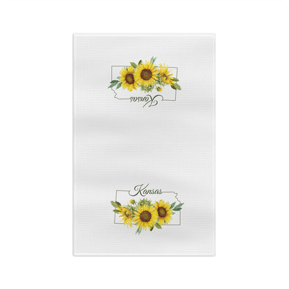 White microfiber tea towel with vibrant Kansas sunflower design.