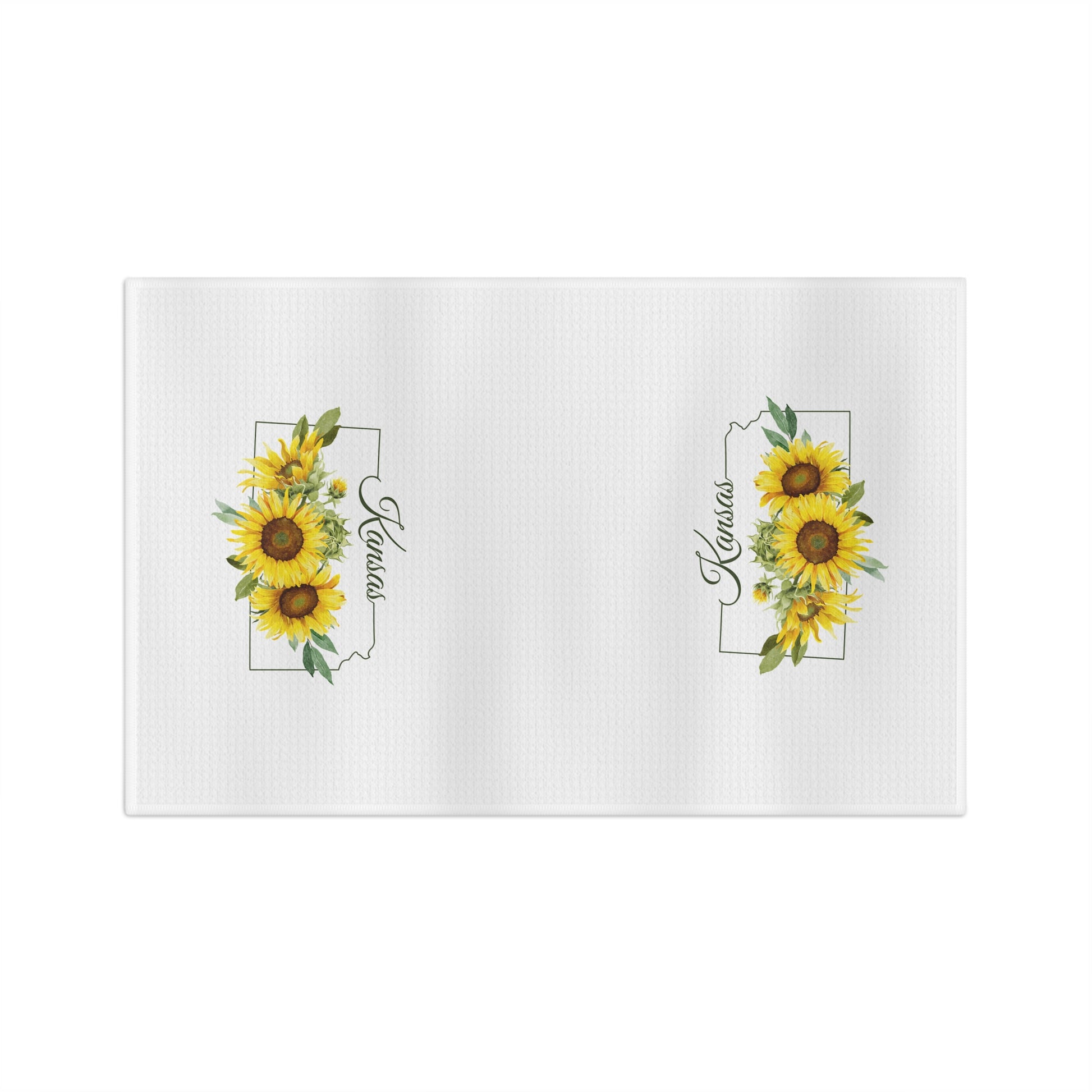 White microfiber tea towel with vibrant Kansas sunflower design and state name.