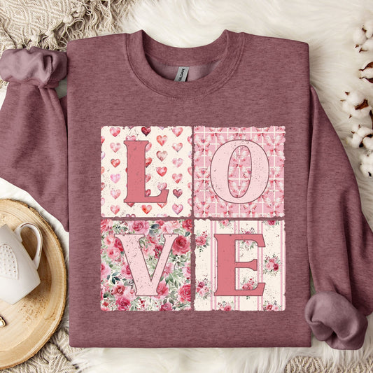 Heather Sport Dark Maroon crewneck sweatshirt with a cottagecore patchwork "LOVE" design.