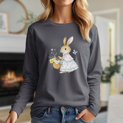 Lady bunny in floral dress holding a spring flower basket on a charcoal long-sleeve tee.
