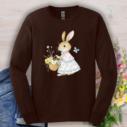 Dark chocolate long sleeve tee with a watercolor lady bunny holding a spring flower basket.