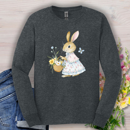 Dark Heather long sleeve tee with a watercolor lady bunny in a floral dress holding a spring flower basket.