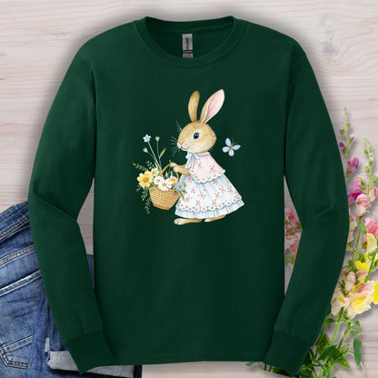 Forest Green long-sleeve tee with a watercolor lady bunny in a floral dress holding a spring flower basket.