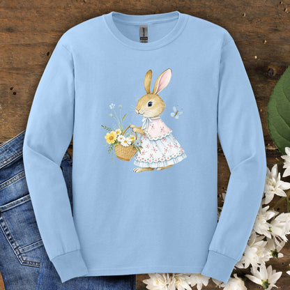 Light blue long sleeve tee with a watercolor lady bunny in a floral dress holding a flower basket.