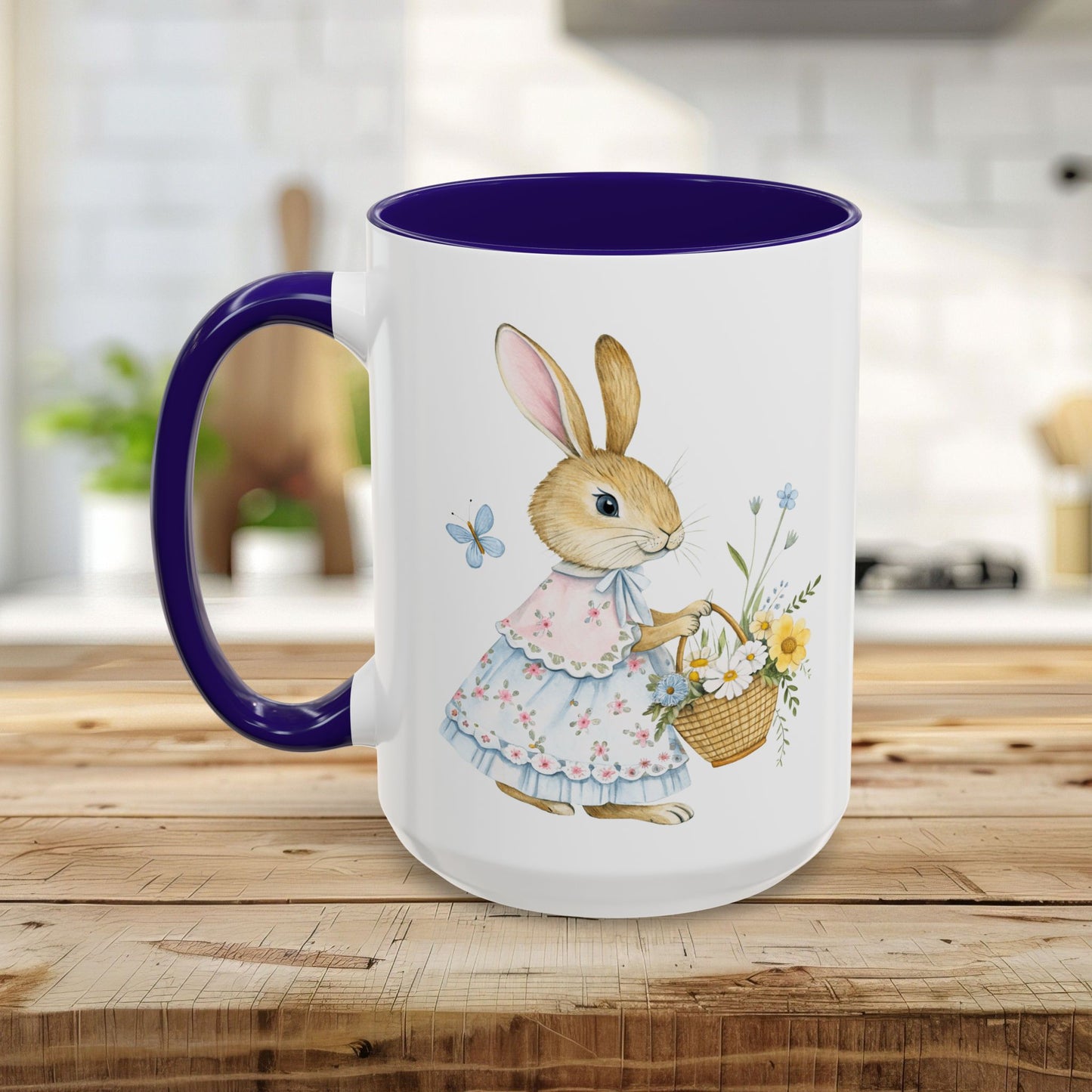 White ceramic mug with a purple handle and interior, featuring a watercolor bunny in a floral dress holding a flower basket.