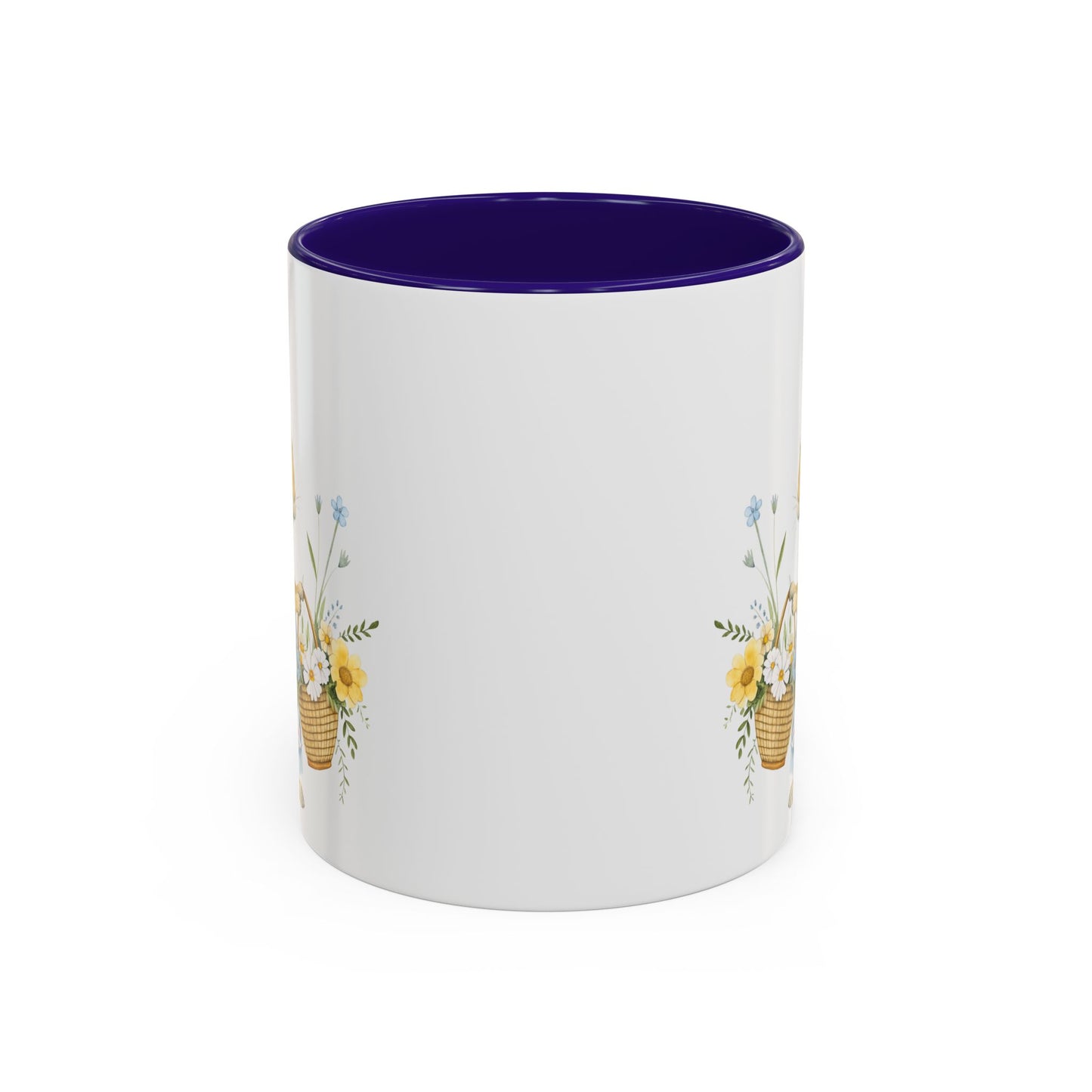 White ceramic mug with a dark purple interior and handle, featuring a watercolor print of a bunny with a spring flower basket.