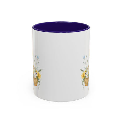 White ceramic mug with a dark purple interior and handle, featuring a watercolor print of a bunny with a spring flower basket.