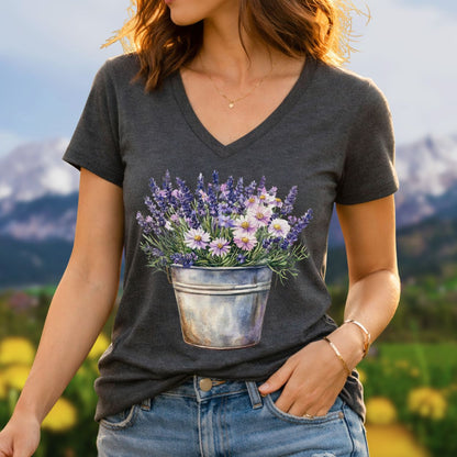Charcoal v-neck tee with a faded print of lavender and daisies in a rustic metal pot.