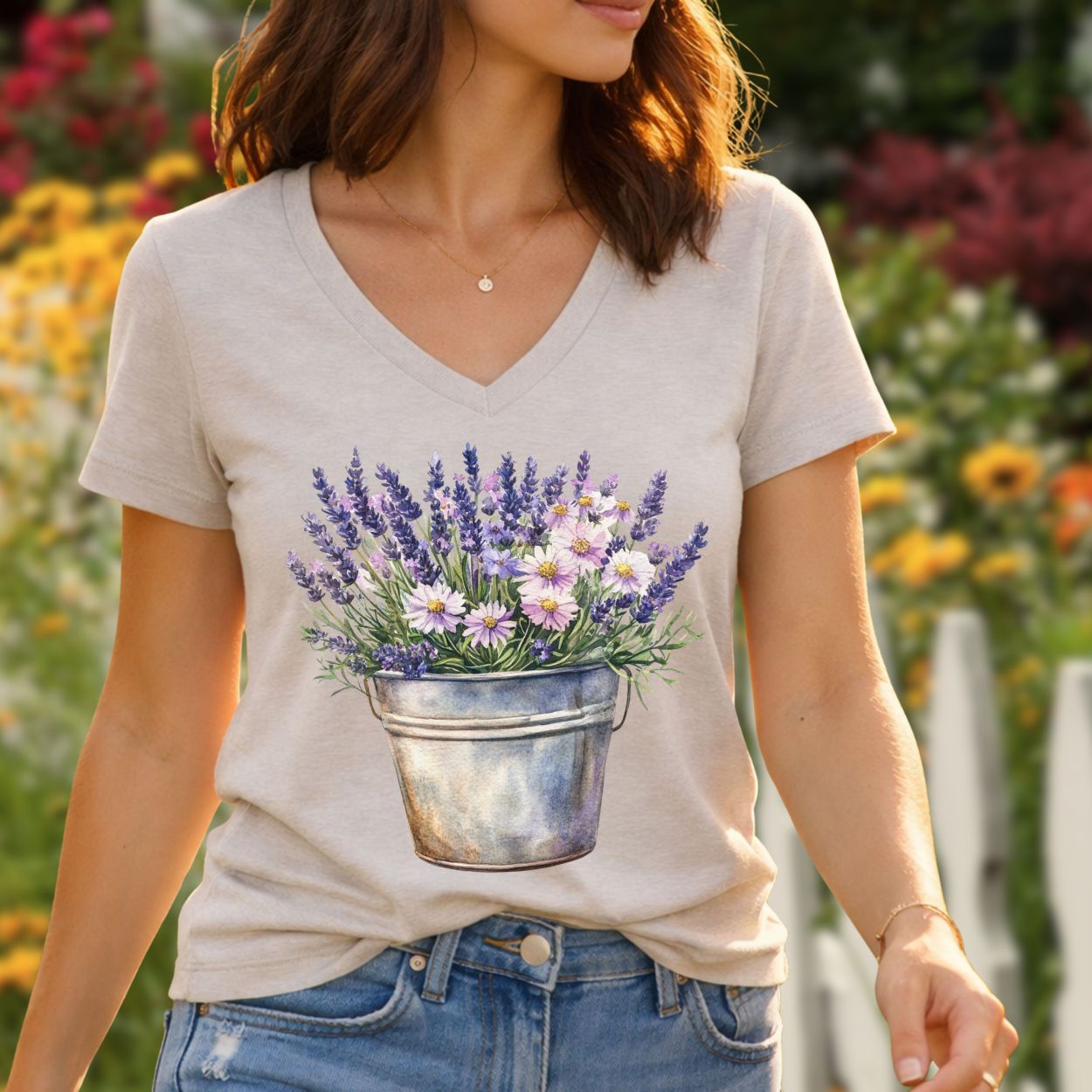 Light heather gray v-neck tee with a vibrant lavender and daisy bouquet in a rustic metal pot.