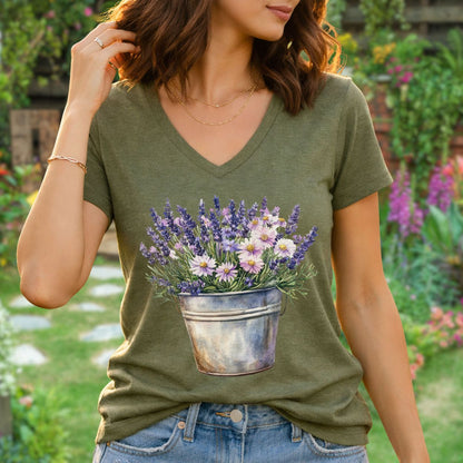 Heather olive green v-neck tee with a faded botanical print of lavender and daisies in a rustic metal pot.