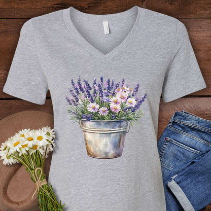 Athletic Heather S v-neck tee with a faded botanical print of lavender and daisies in a rustic metal pot.