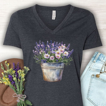 Dark Grey Heather v-neck tee with a faded lavender and daisy bouquet in a rustic metal pot.
